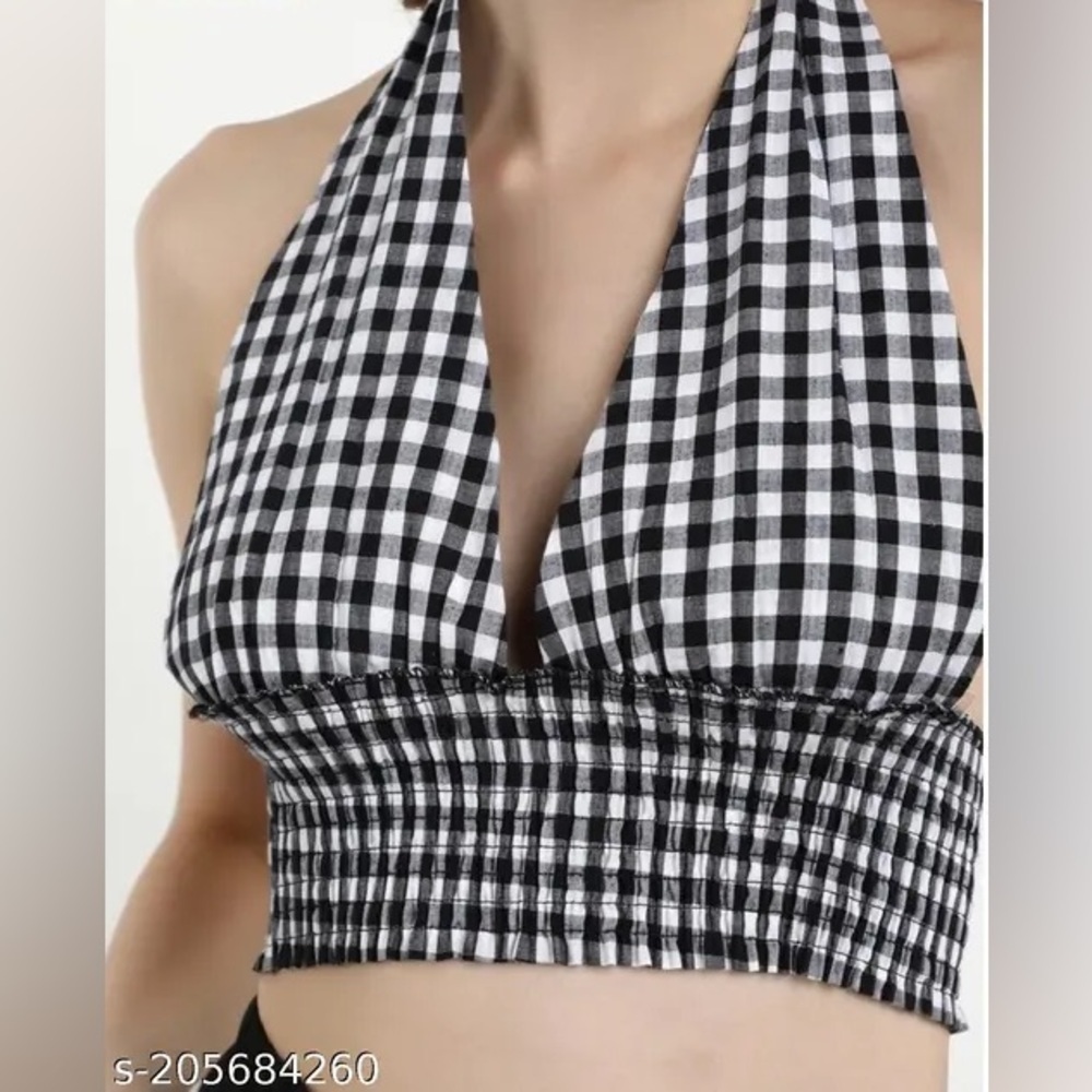 Checkered Plaid Halter Top Deep V Neck Medium Large
